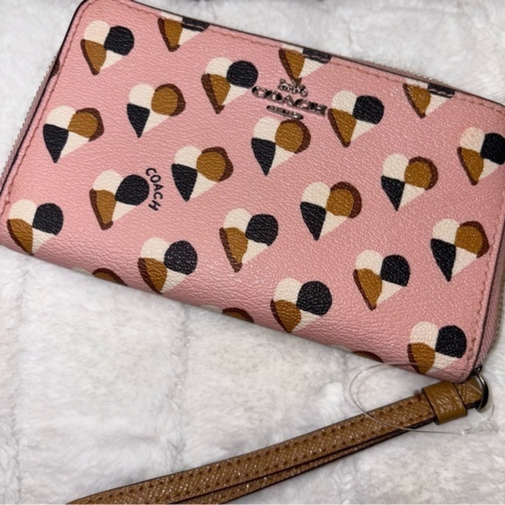 Coach Pink checker Heart Print Wristlet phone case